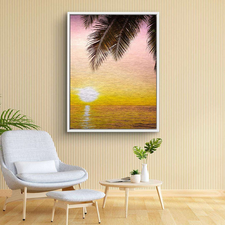 Modernes Wohnzimmer mit Wandbild Sonnenuntergang am Meer und Palmen, Leinwandbild Deko