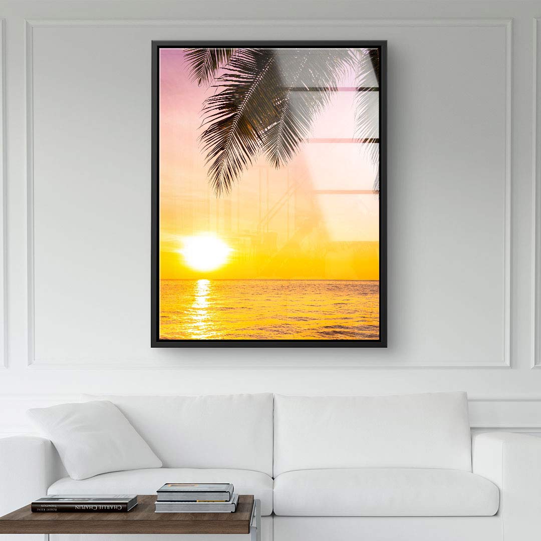 Leinwandbild mit Sonnenuntergang am Meer und Palmen im modernen Wohnzimmer, Wandbild Dekoration