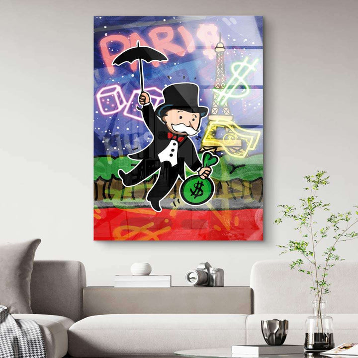 Pop Art Wandbild mit Comicfigur, Regenschirm und Geld, Paris und Eiffelturm im Hintergrund