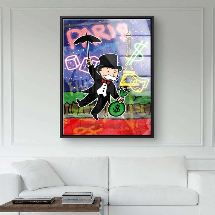 Modernes Pop Art Wandbild mit Monopoly-Mann, Regenschirm und Geldsack vor Eiffelturm.