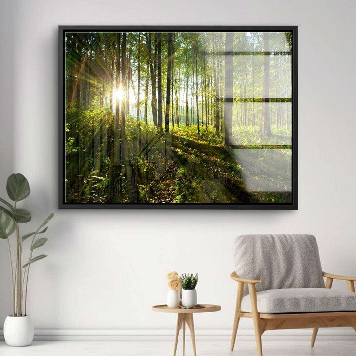 Wald Leinwandbild mit Sonnenstrahlen, modernes Wandbild im Wohnzimmer dekoriert