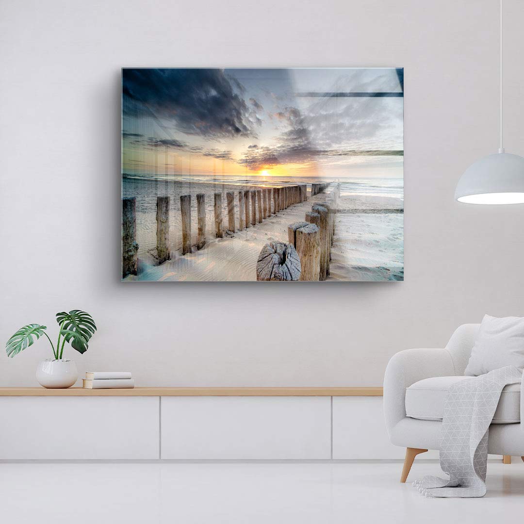 Leinwandbild mit Holzsteg am Strand bei Sonnenuntergang, moderne Wohnzimmerdeko