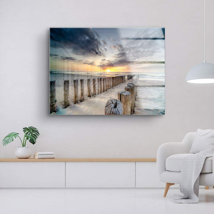 Leinwandbild mit Holzsteg am Strand bei Sonnenuntergang, moderne Wohnzimmerdeko