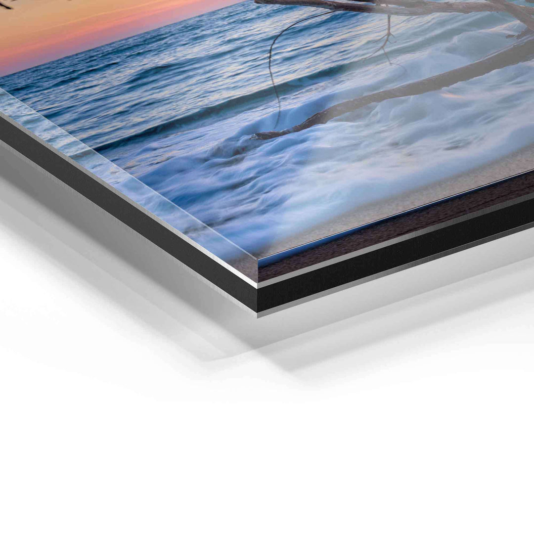 Detailaufnahme Acrylglas Wandbild mit Strandmotiv und Sonnenuntergang, moderne Wanddekoration