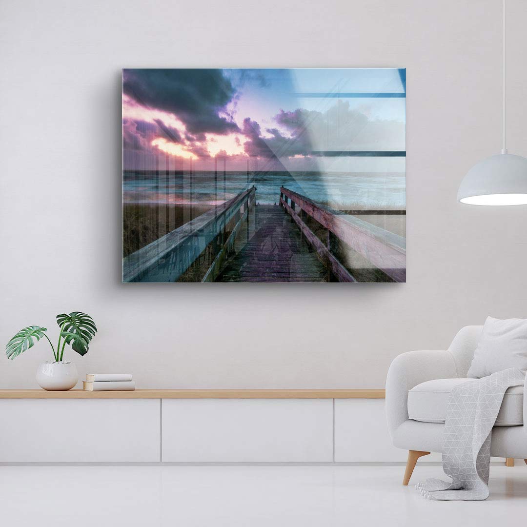Modernes Wandbild mit Steg am Strand bei Sonnenuntergang, Leinwandbild im Wohnzimmer