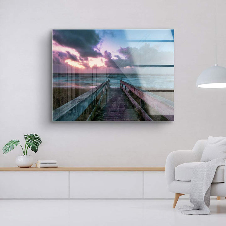 Modernes Wandbild mit Steg am Strand bei Sonnenuntergang, Leinwandbild im Wohnzimmer