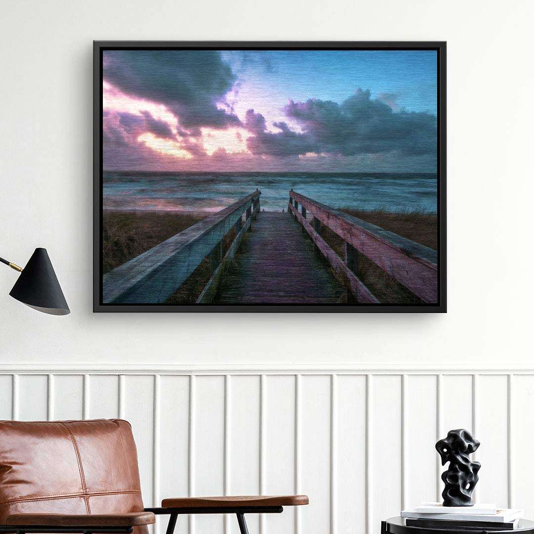 Leinwandbild Steg am Meer bei Sonnenuntergang, modernes Wandbild mit Naturmotiv