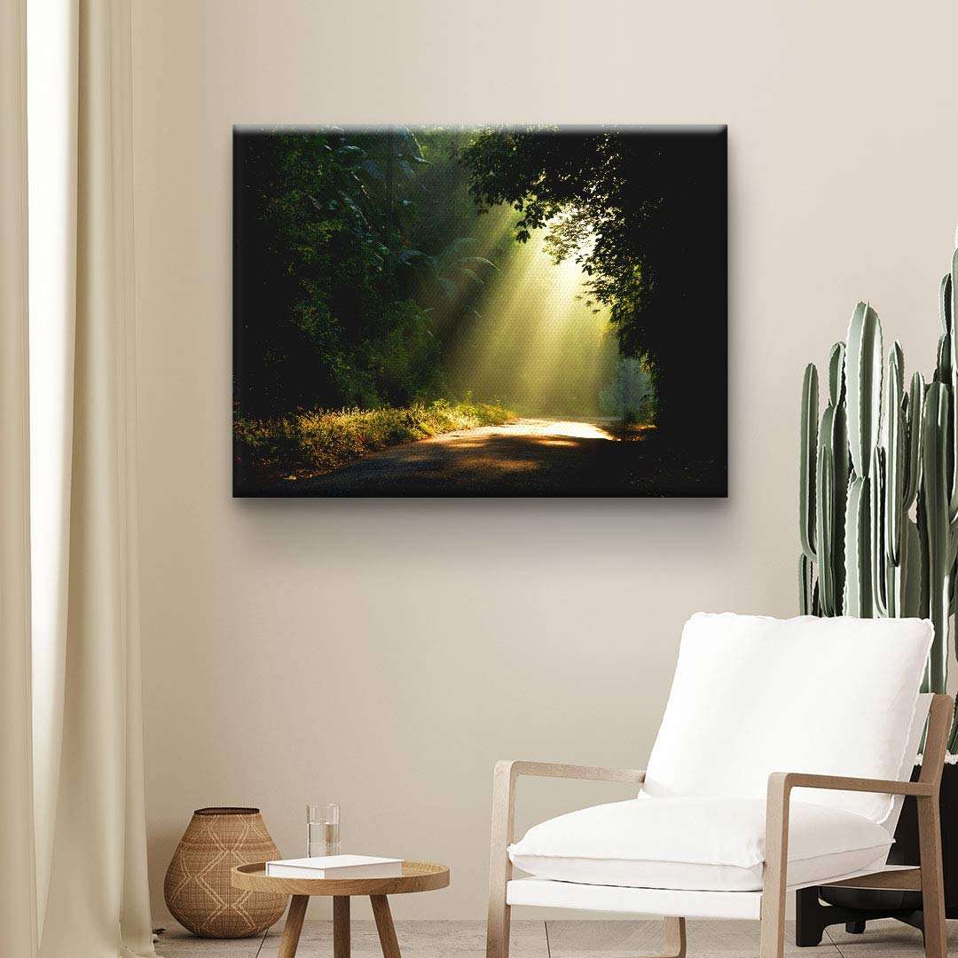 Leinwandbild mit Sonnenstrahlen im Wald, modernes Wandbild für Wohnzimmer Dekoration