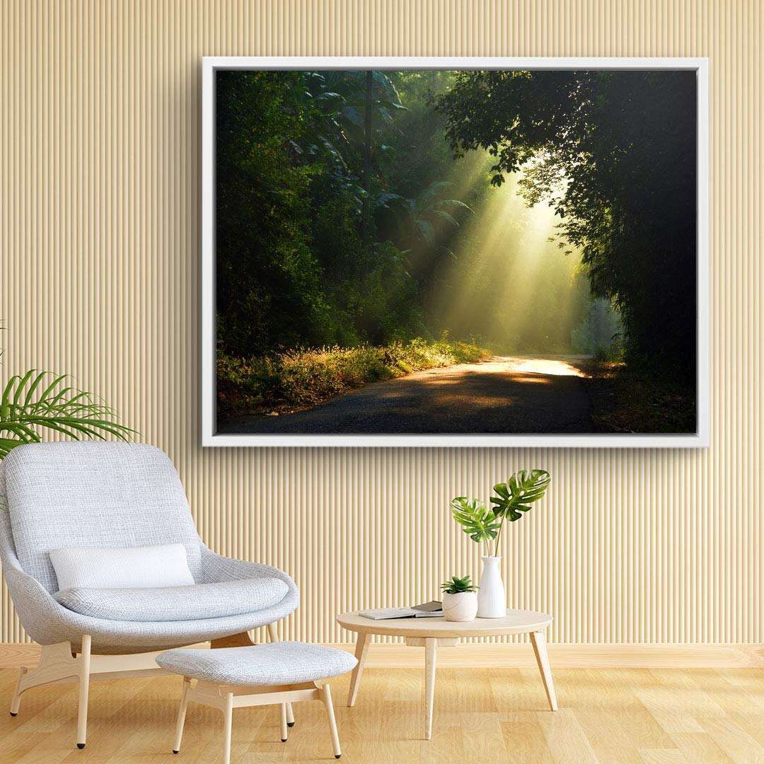 Leinwandbild Sonnenstrahlen im Wald über ruhigem Weg als Wanddekoration im modernen Wohnzimmer