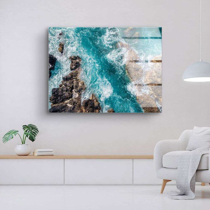 Modernes Wandbild mit Luftaufnahme von Wellen und Felsen, Wohnzimmer Dekoration