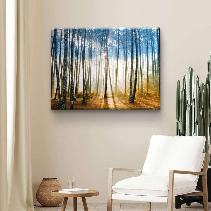 Leinwandbild mit Sonnenstrahlen im Wald, moderne Wanddekoration im Wohnzimmer
