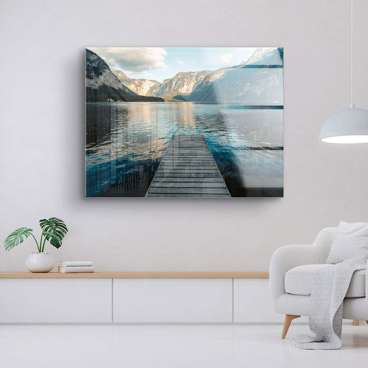 Leinwandbild mit Steg am See, Berge und Himmel im modernen Wohnzimmer, Wandbild Deko