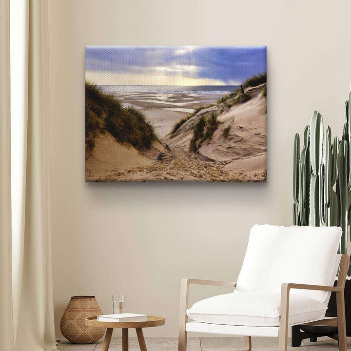 Leinwandbild mit Dünenlandschaft und Meer im modernen Wohnzimmer, Natur Wandbild