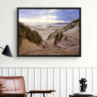 Wandbild mit Dünenlandschaft, Sand, Gräsern und Meer im modernen Wohnzimmer