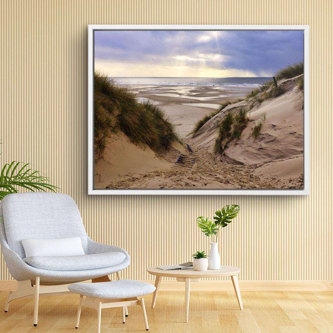 Küstenlandschaft Leinwandbild mit Dünen, Sand, Meer und Lichtstrahlen im Wohnzimmer