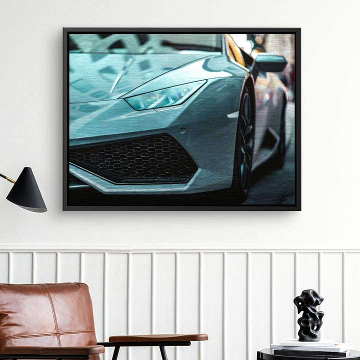 Modernes Wandbild mit Nahaufnahme eines Sportwagens, Fotokunst auf Leinwand im Wohnzimmer