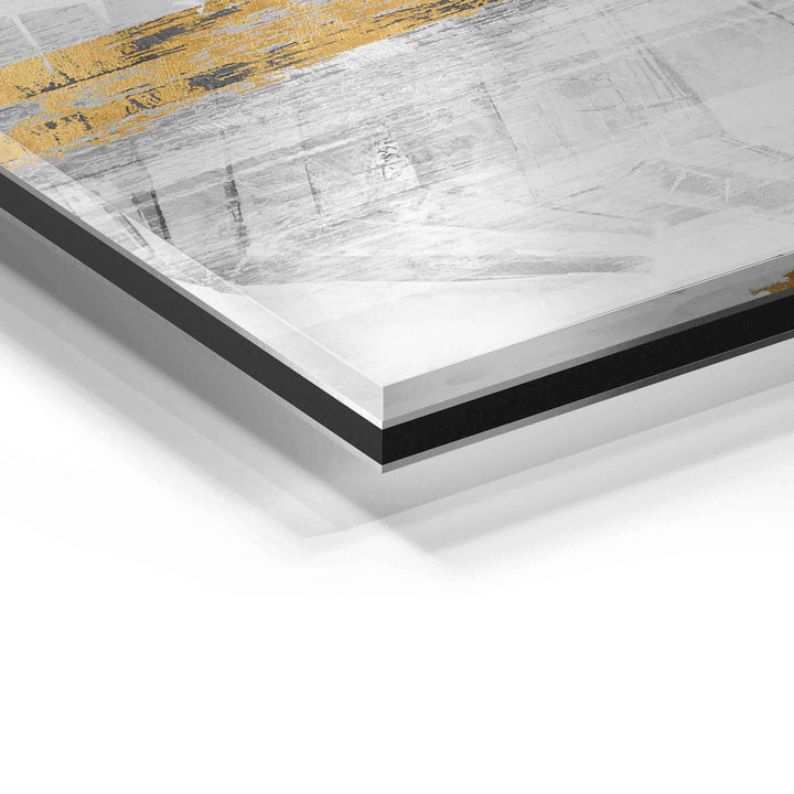 Detailansicht Acrylglas-Wandbild mit abstrakten goldenen und silbernen Strukturen