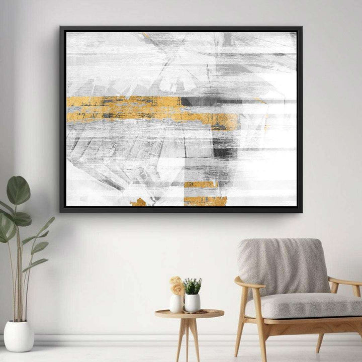 Modernes abstraktes Wandbild mit goldenen und grauen Akzenten auf Leinwand im Wohnzimmer