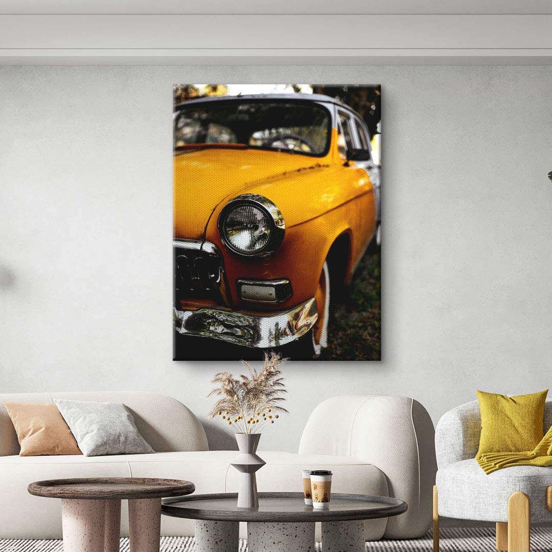Wandbild mit gelbem Oldtimer, Wohnzimmer, modernes Leinwandbild, Retro-Auto Kunst
