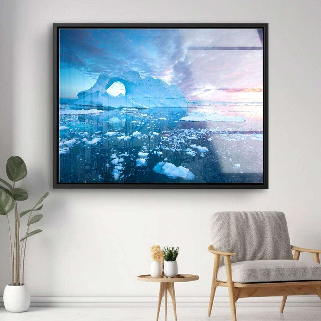 Modernes Wandbild mit eisiger Landschaft, Eisberg und Sonnenuntergang, Wohnzimmer Dekoration