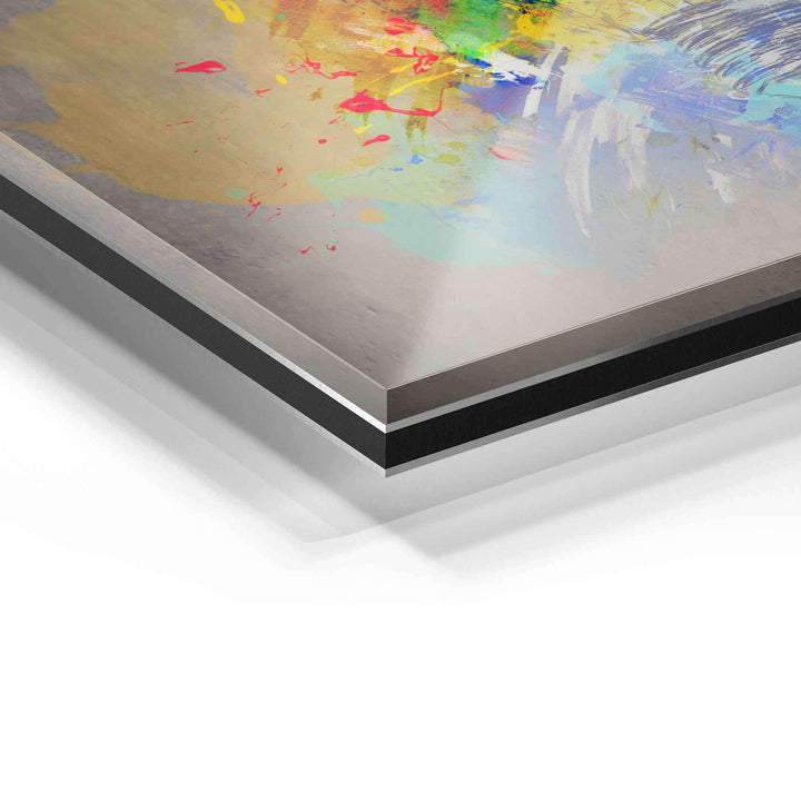 Detailansicht modernes Acrylglas Wandbild mit bunter abstrakter Kunst und glänzender Oberfläche