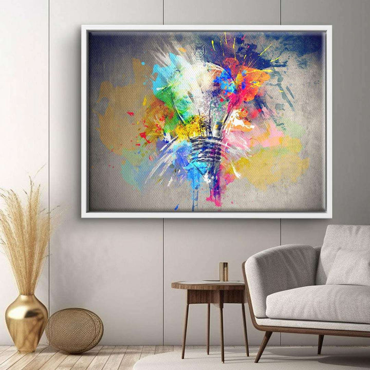 Modernes Wandbild mit bunter Glühbirne auf Leinwand, abstrakte Kunst im Wohnzimmer.