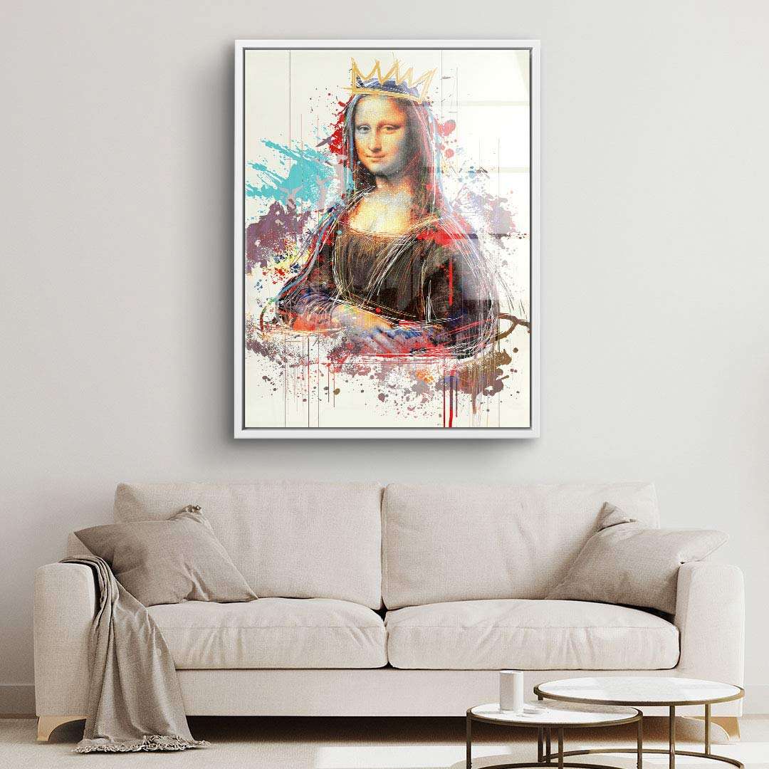 Modernes Wandbild mit Mona Lisa, bunte Graffiti-Effekte, goldene Krone, über Sofa