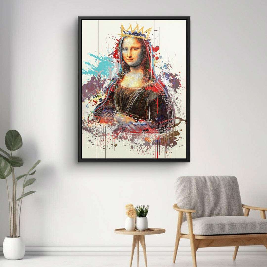 Modernes Wandbild im Wohnzimmer mit Mona Lisa und goldener Krone, Pop Art Stil, bunte Farbspritzer
