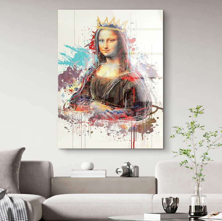 Modernes Wandbild mit Mona Lisa, bunte Farbspritzer und goldene Krone, Wohnzimmerdeko