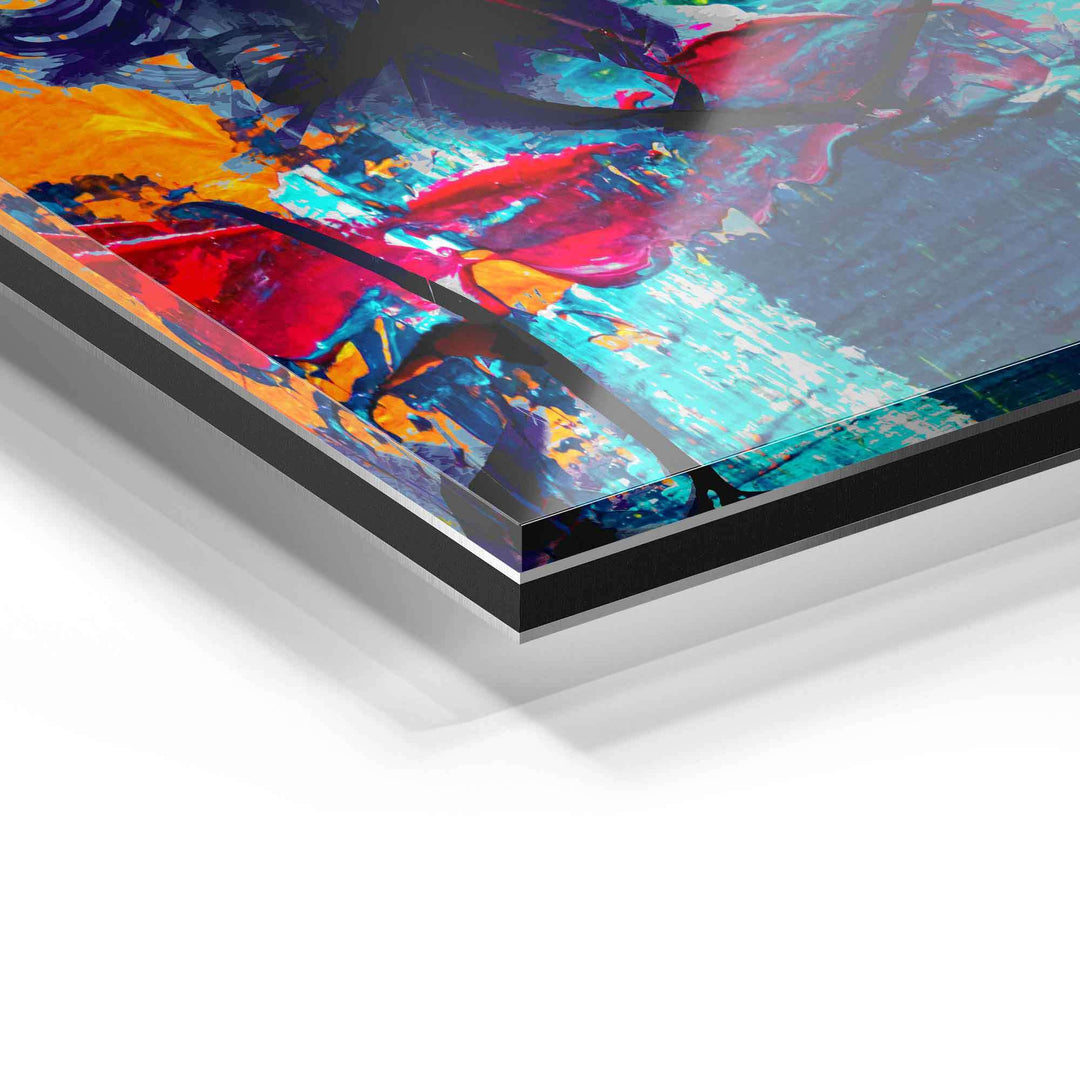 Detailaufnahme modernes Acrylglas Wandbild mit buntem abstraktem Kunstmotiv