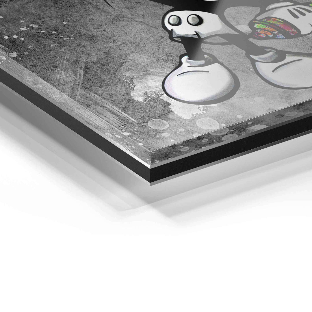 Detailaufnahme Wandbild auf Acrylglas mit Comic-Motiv und grauer Struktur-Optik