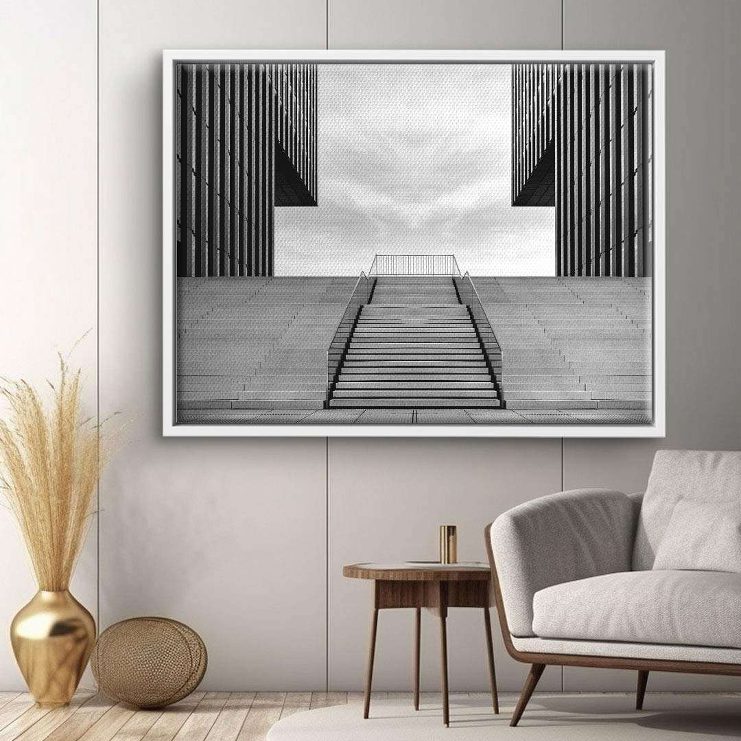 Modernes Wandbild mit Treppe und Gebäuden, Architektur Kunst in Schwarz-Weiß auf Leinwand