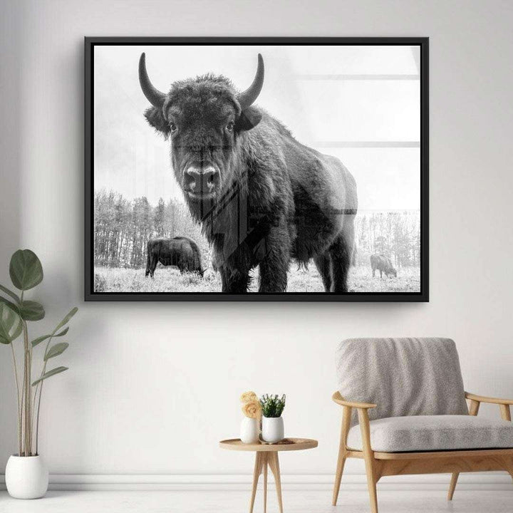 Schwarzweiß-Wandbild mit Bison in moderner Wohnzimmereinrichtung, Natur Motiv Leinwand