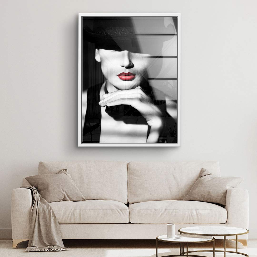 Modernes Wandbild in Schwarz-Weiß mit Frau, roter Lippenstift, Wohnzimmer-Dekoration