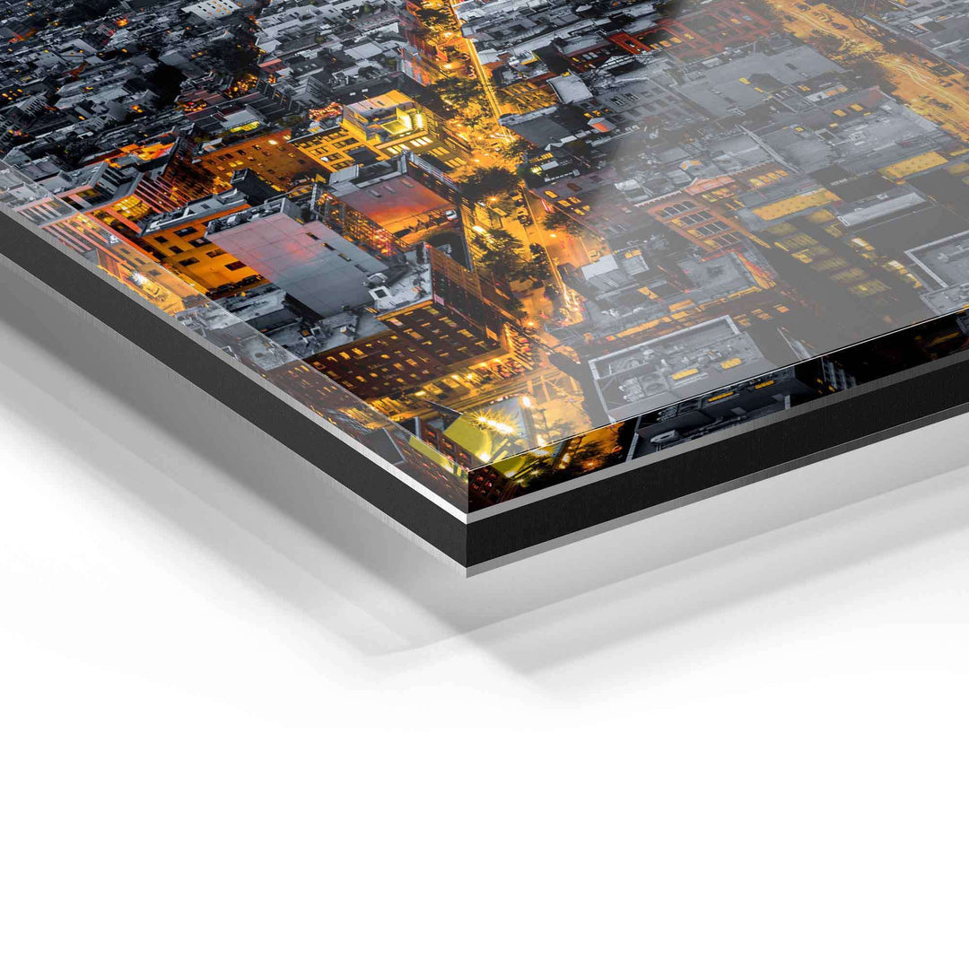 Detailansicht Acrylglas-Wandbild mit Stadtmotiv, moderne Wanddeko, hochwertige Kanten