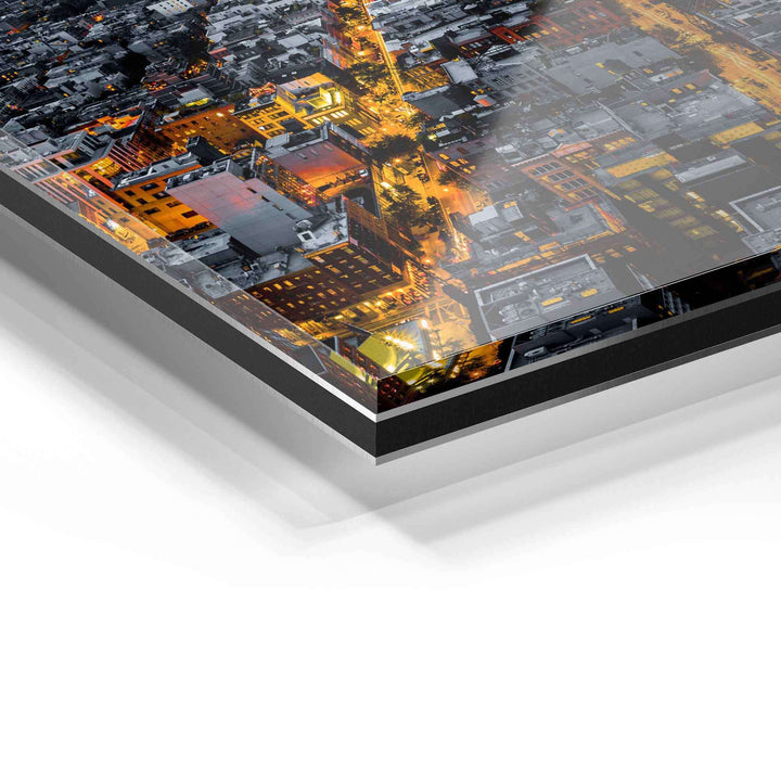 Detailansicht Acrylglas-Wandbild mit Stadtmotiv, moderne Wanddeko, hochwertige Kanten