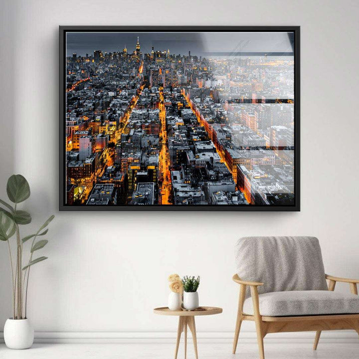 Modernes Wandbild mit leuchtender Skyline einer Großstadt, Stadtbild Leinwand im Wohnzimmer