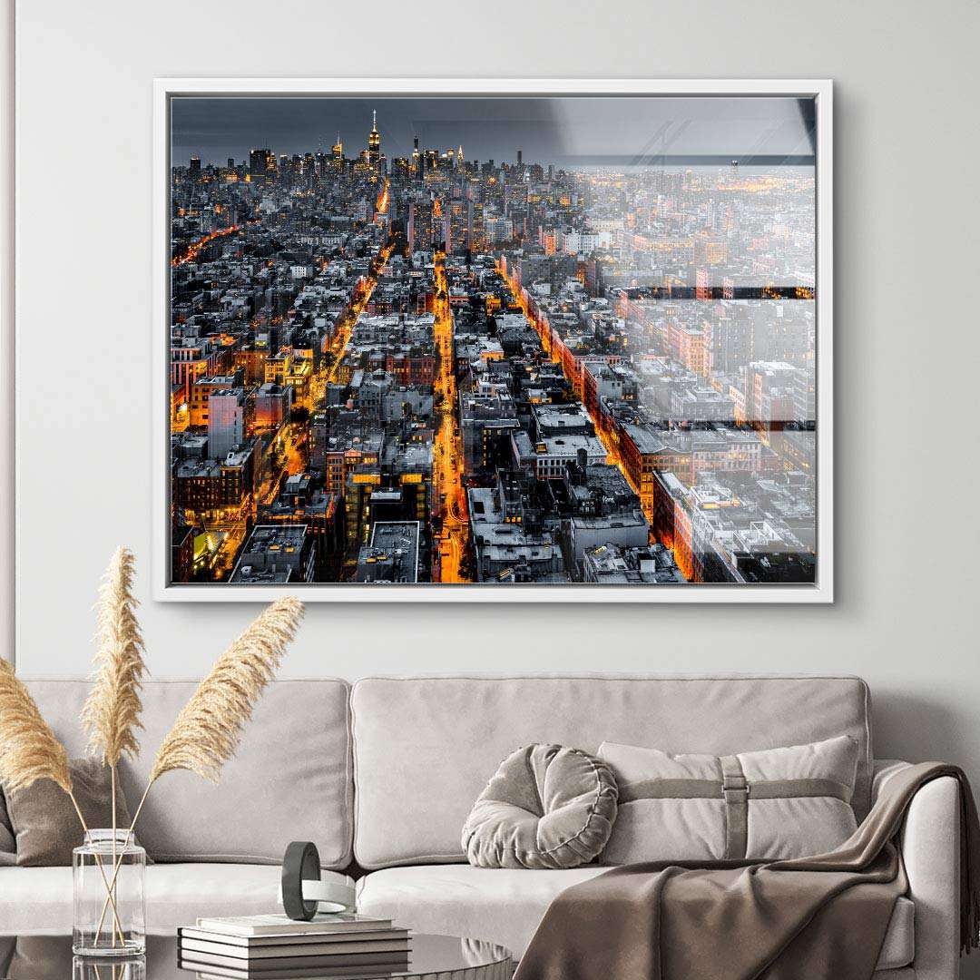 Modernes Wandbild auf Leinwand mit beleuchteter Skyline von New York, Wohnzimmer Dekoration
