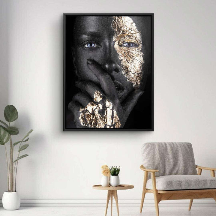 Modernes Wandbild mit schwarz-goldenem Porträt, kunstvolles Design im Wohnzimmer