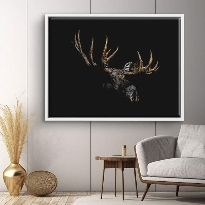 Modernes Wandbild Elch mit Geweih auf schwarzem Hintergrund im Wohnzimmer, Leinwand Kunst