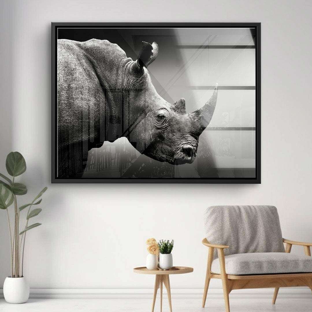Schwarz-weiß Leinwandbild mit Rhinozeros, modernes Wandbild im Wohnzimmer