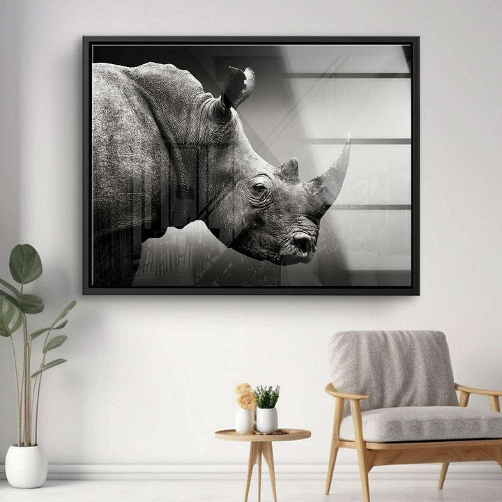 Schwarz-weiß Leinwandbild mit Rhinozeros, modernes Wandbild im Wohnzimmer