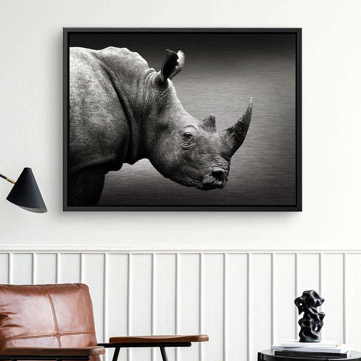 Schwarz-weiß Leinwandbild mit Rhinozeros im modernen Wohnzimmer, Wanddekoration Kunst
