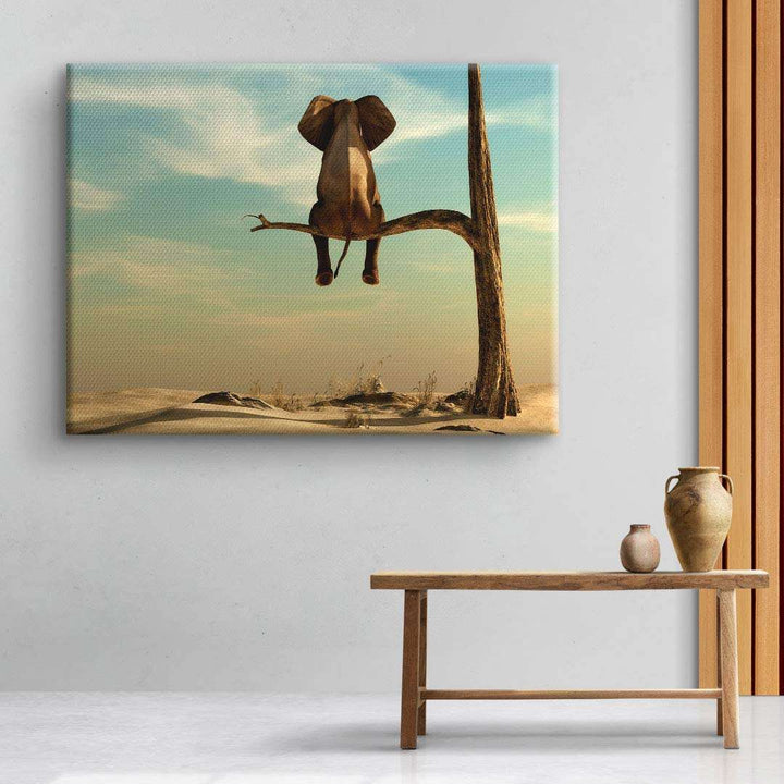 Modernes Wandbild mit Elefant, der auf Ast in surrealer Landschaft sitzt, Leinwandkunst