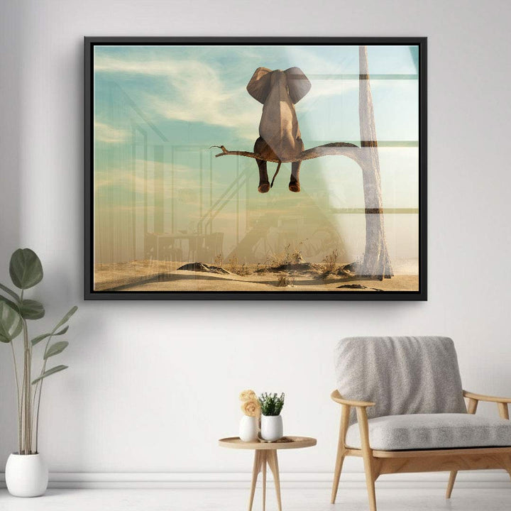 Wandbild mit Elefant, der auf Ast sitzt, surreal, moderne Kunst für Wohnzimmer