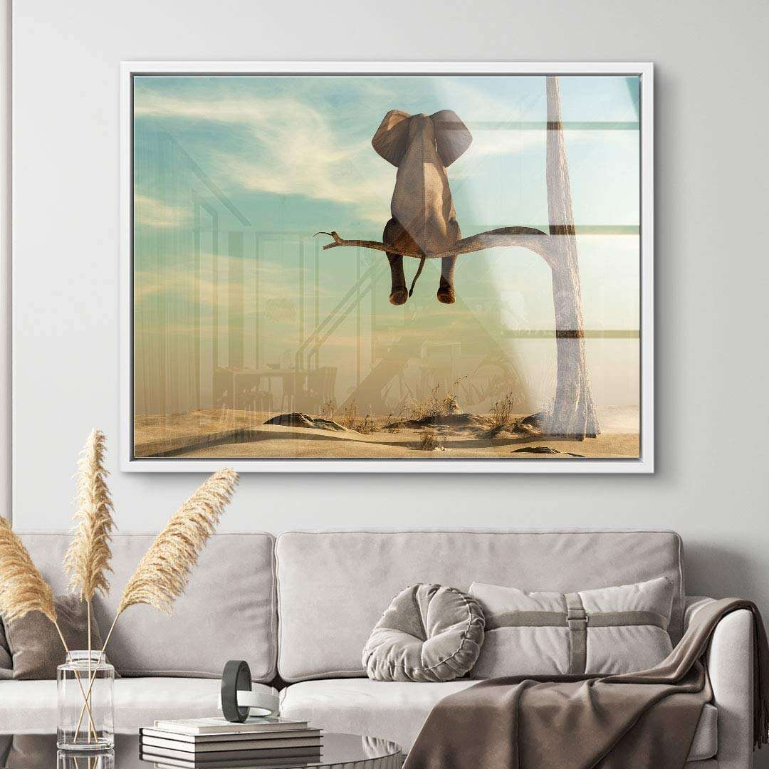 Modernes Wandbild mit Elefant auf Ast in surrealer Wüstenlandschaft, Wohnzimmerdeko