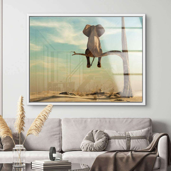 Modernes Wandbild mit Elefant auf Ast in surrealer Wüstenlandschaft, Wohnzimmerdeko