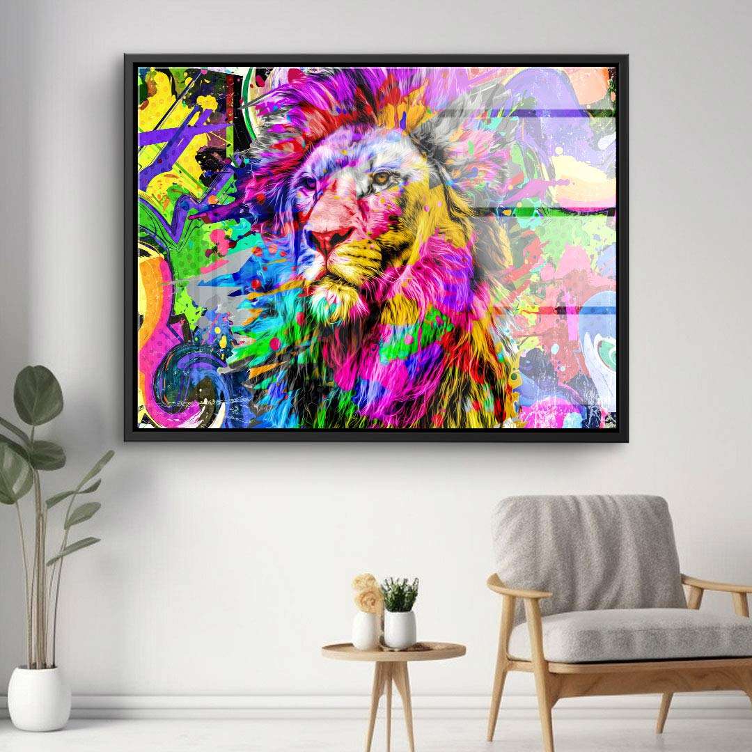 Buntes Löwen-Porträt Wandbild im Pop Art Stil auf Leinwand, Wohnzimmer Dekoration