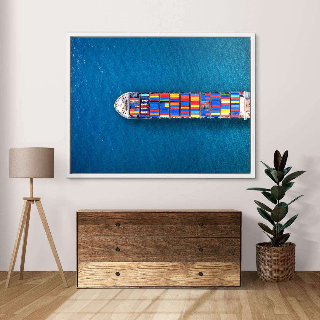 Modernes Wandbild mit Containerschiff auf blauem Meer, Leinwand im Wohnzimmer dekoriert