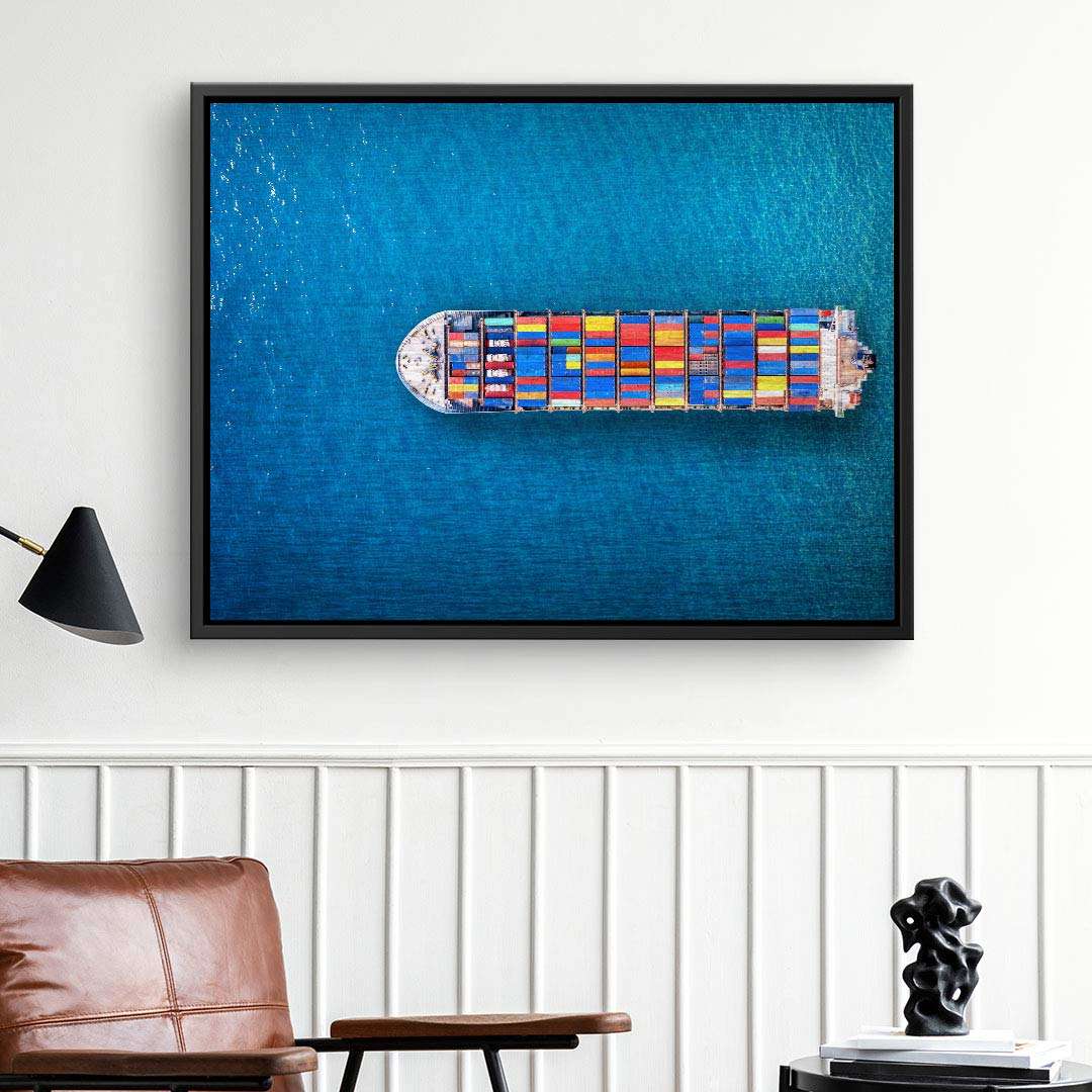 Wandbild mit Luftaufnahme eines Containerschiffs auf blauem Meer, moderne Inneneinrichtung
